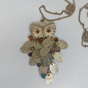 Owl Pendant Necklace Long Gold Tone Articulated Movable Colorful Rhinestones